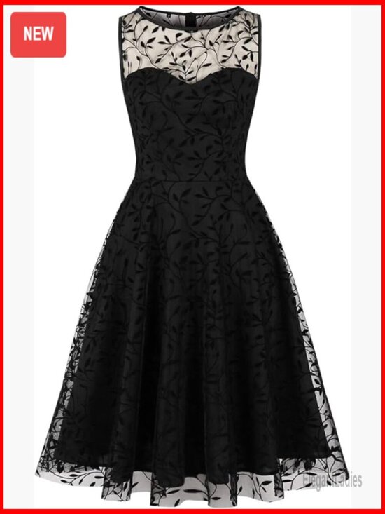 Dresses & Skirts - Vintage Floral Embroidery Swing Dress Illusion Mesh A-Line Cocktail